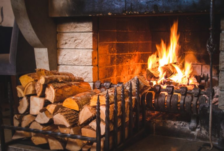 burning wood in the fireplace