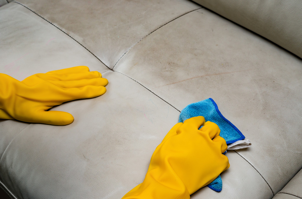 A gloved hand scrubbing a couch with a cloth