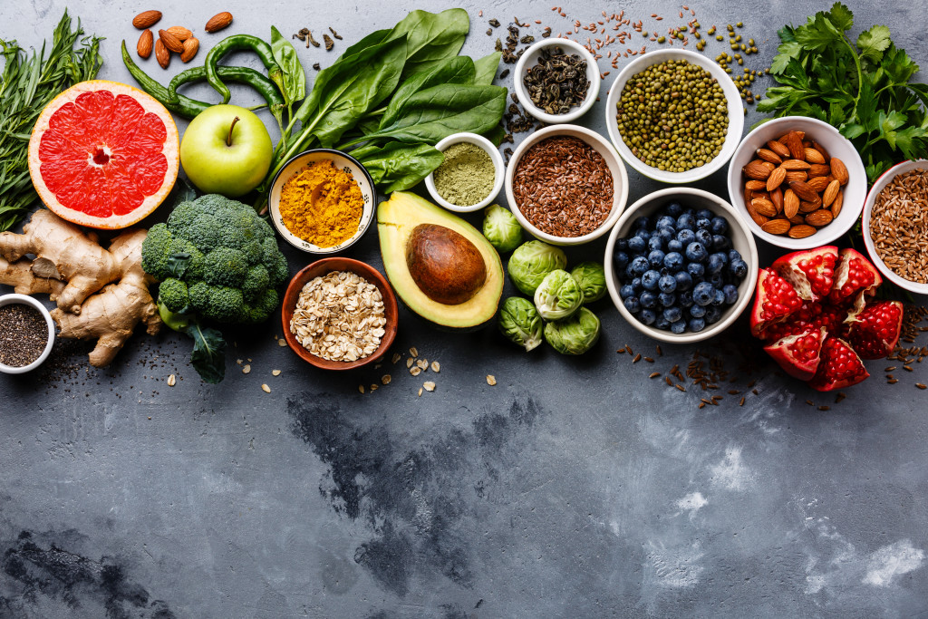 Fruits, vegetables, and seeds on a table