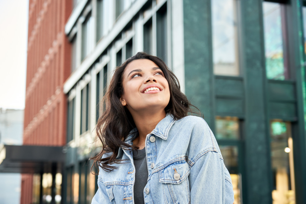 a woman thinking or good future